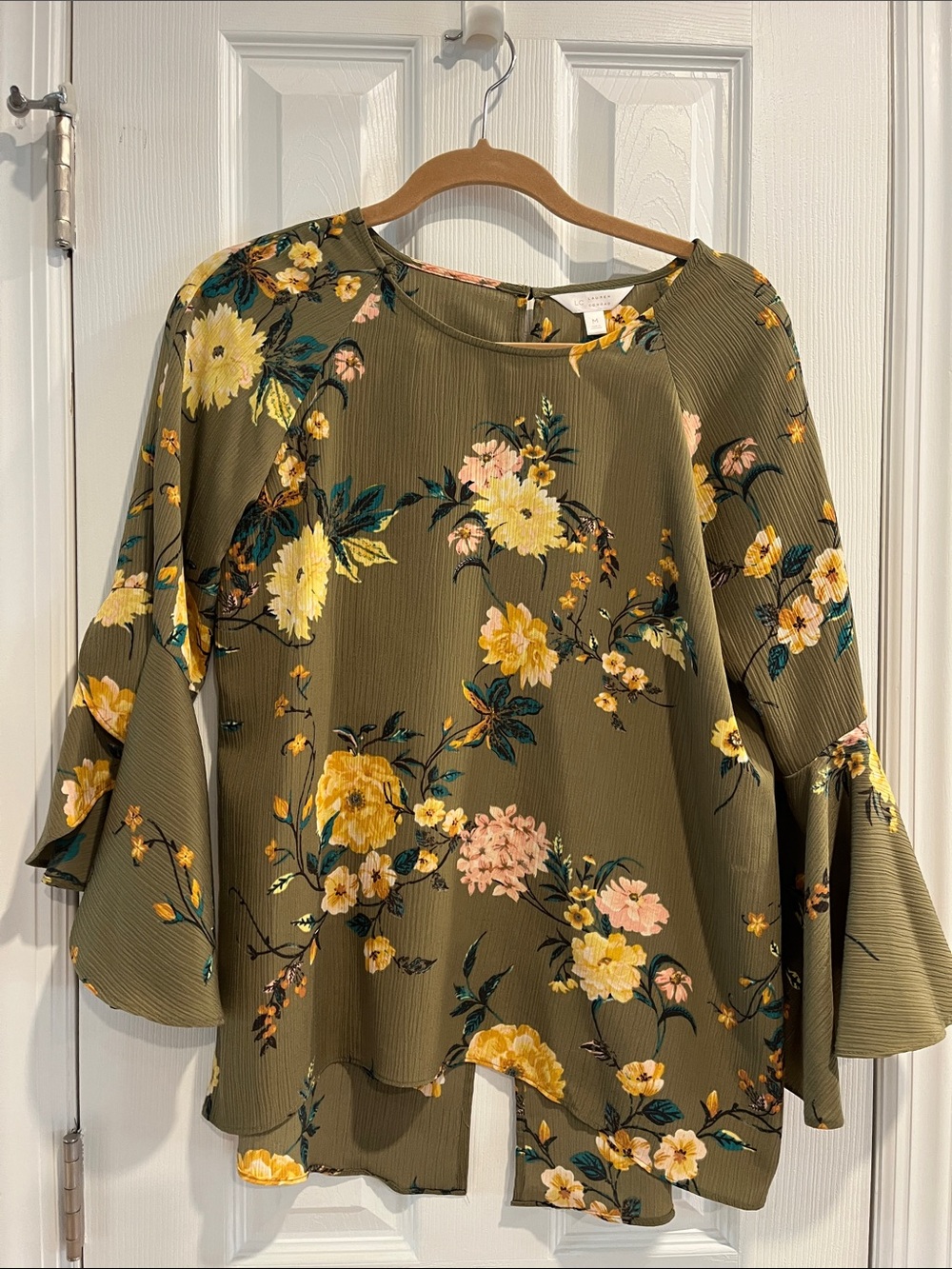 Lauren Conrad Floral Bell-Sleeve Blouse - Olive/Yellow